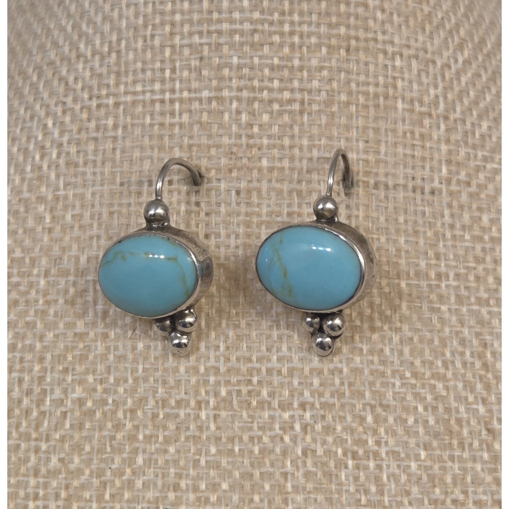 Vintage Sterling Silver Oval Turquoise Dangle Earrings ATI Mexico 925